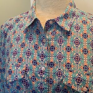 Talbots Button Front Peach, Turquoise fleur-de-lis Print Long Sleeve Shirt Large